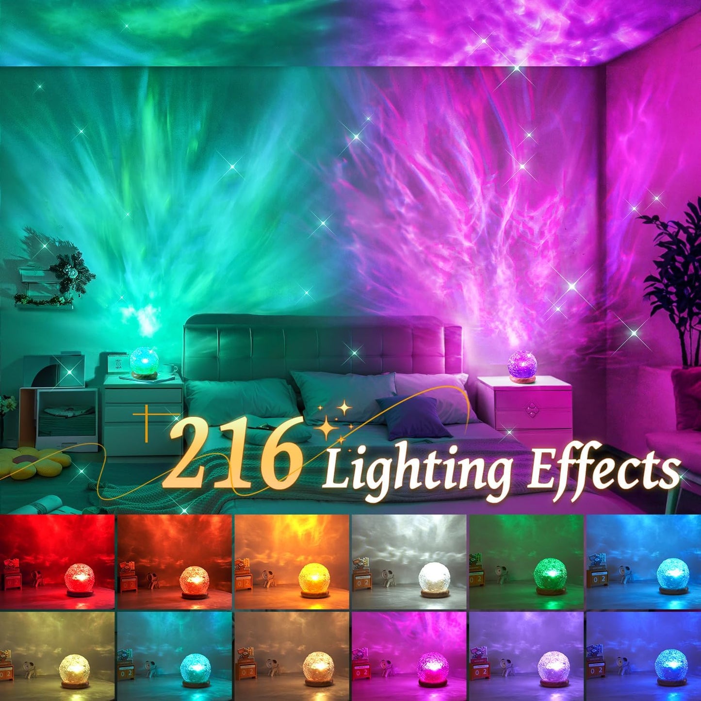 Crystal lamp projector, 216 modes bedroom mood light, remote control and USB control bedroom light