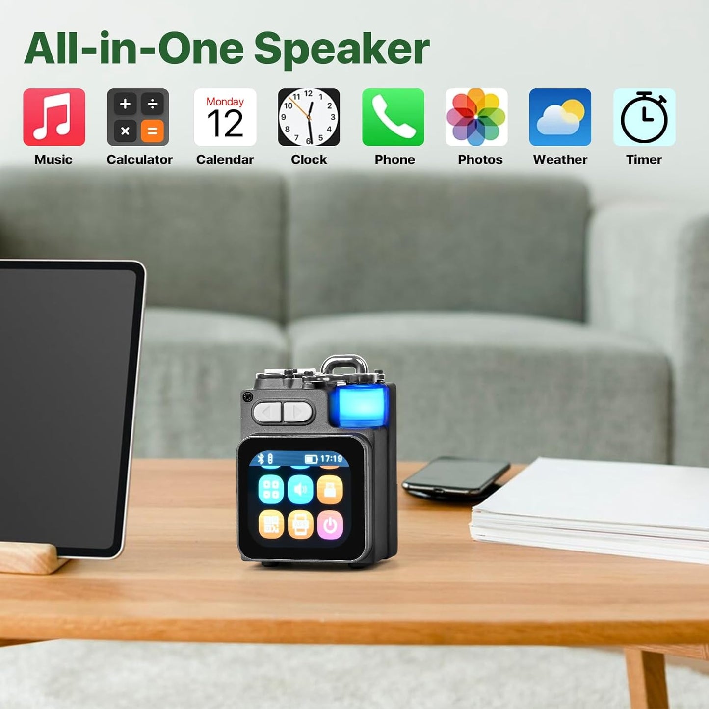 Mini Bluetooth Speaker, Smart Wireless Portable Speaker with Touch Screen, HD Loud Volume, LED Light