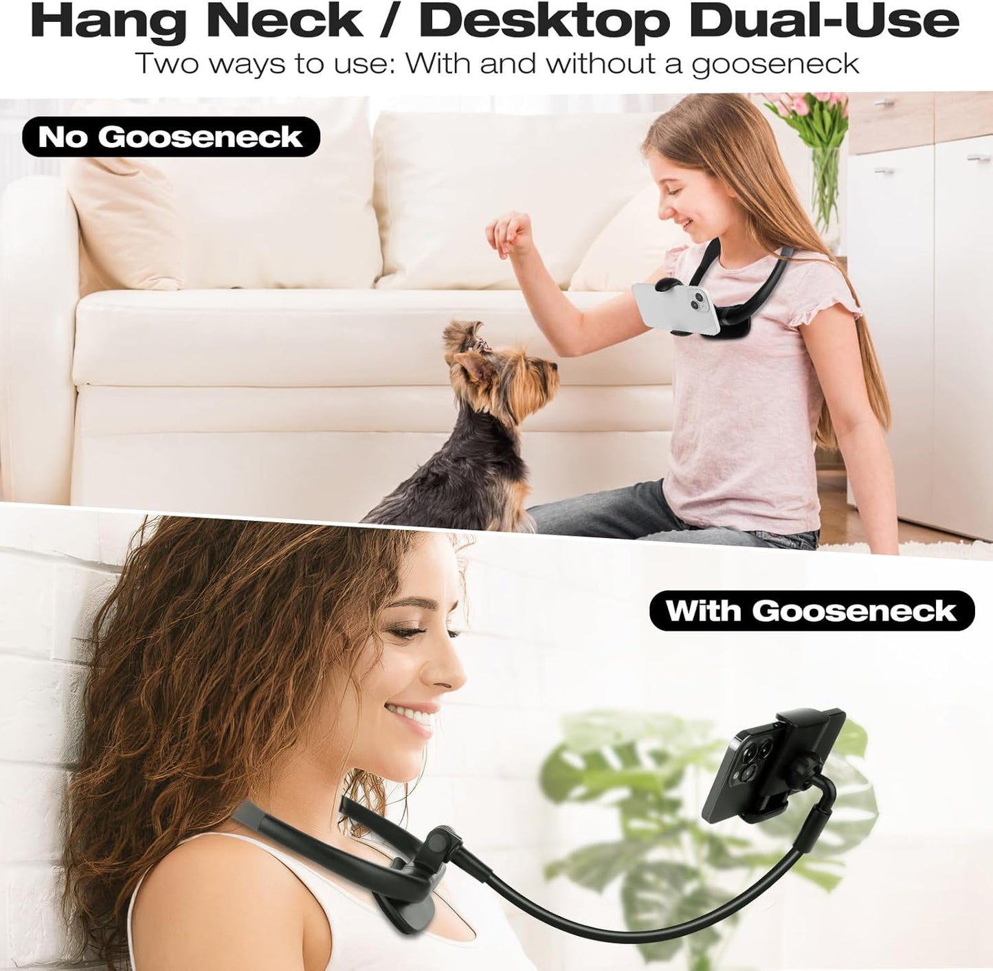 Mobile phone holder, neck mobile phone holder, hands-free flexible gooseneck mobile phone holder
