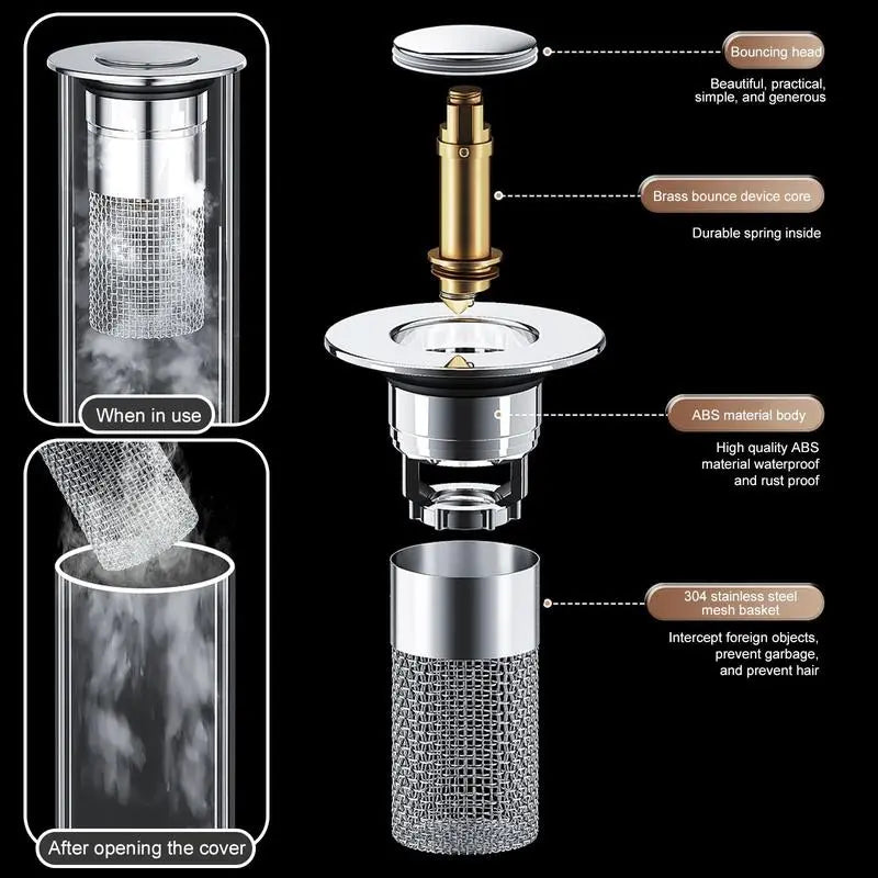 ⚡️Limited Time Offer: 💥HZA™ Universal Pop-Up Sink Drain Filter – Stainless Steel Anti-Clog Design