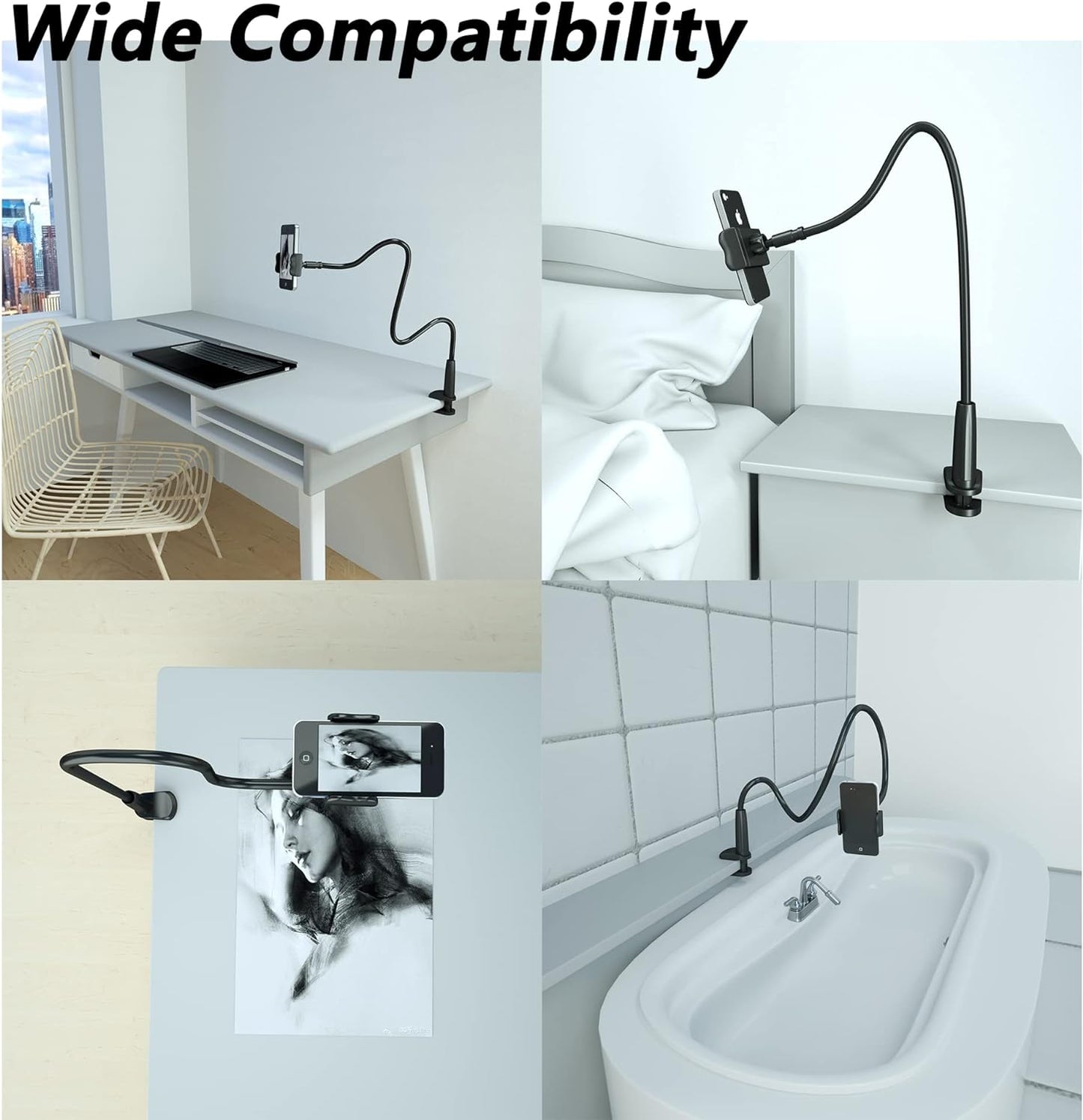 Mobile phone clamp bedside bracket, with handle flexible long arm gooseneck bracket mounting clamp
