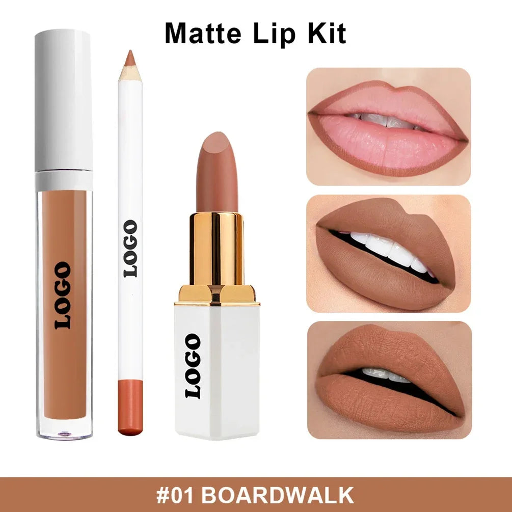 Private Label White Matte Lipstick & Lipliner pencil & Lip Gloss 3 Sets Kit Custom Logo Makeup Wholesale Cosmetics Full Set