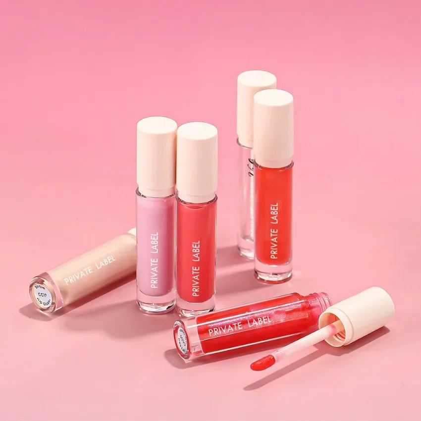 Lip Gloss Private Label Pigment Long Lasting Waterproof White Cap Round Tube Glossy Cosmetics Custom Logo Wholesale Cruelty Free