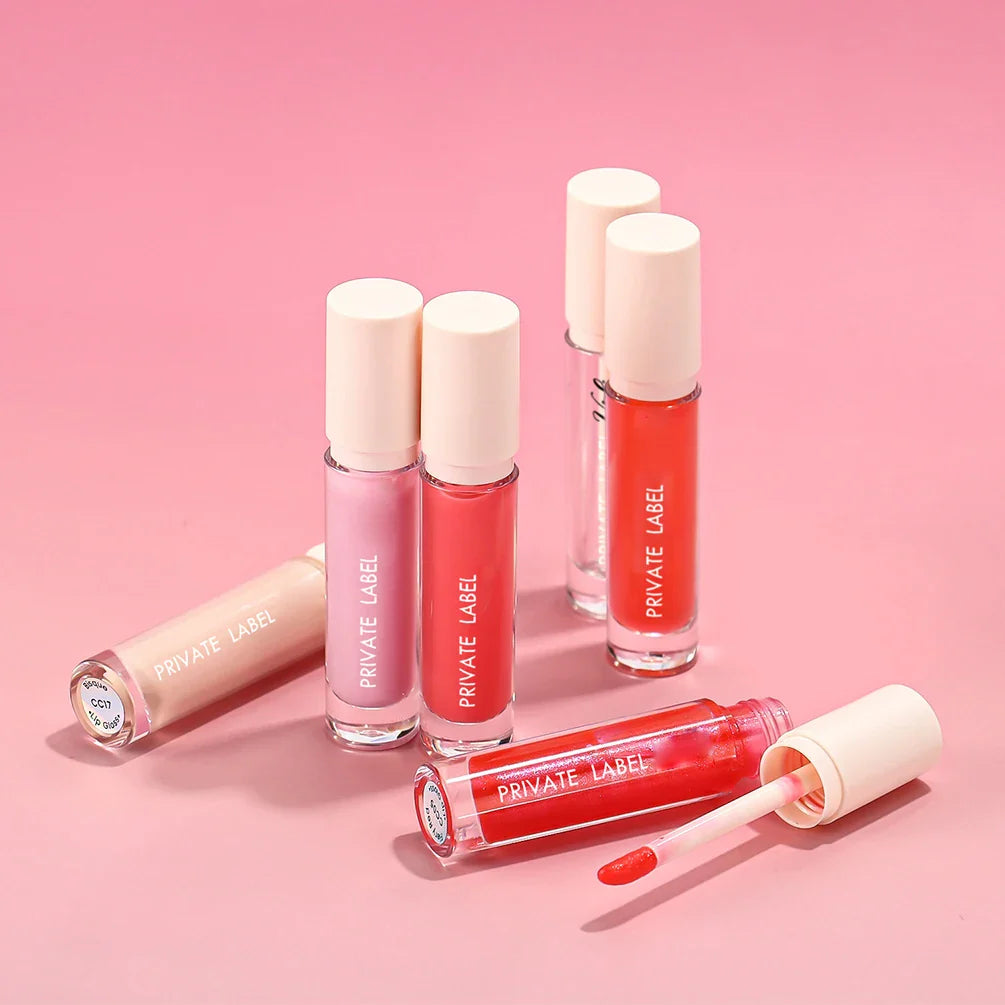 Lip Gloss Private Label Pigment Long Lasting Waterproof White Cap Round Tube Glossy Cosmetics Custom Logo Wholesale Cruelty Free